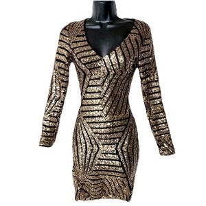 Lulus Sequin Embellished Dress Bodycon LS Women XS Glam Gold Black Sparkle Vegas